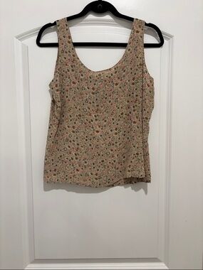Floral Scoop Neck Sleeveless Top - Beige Pink 100% Silk